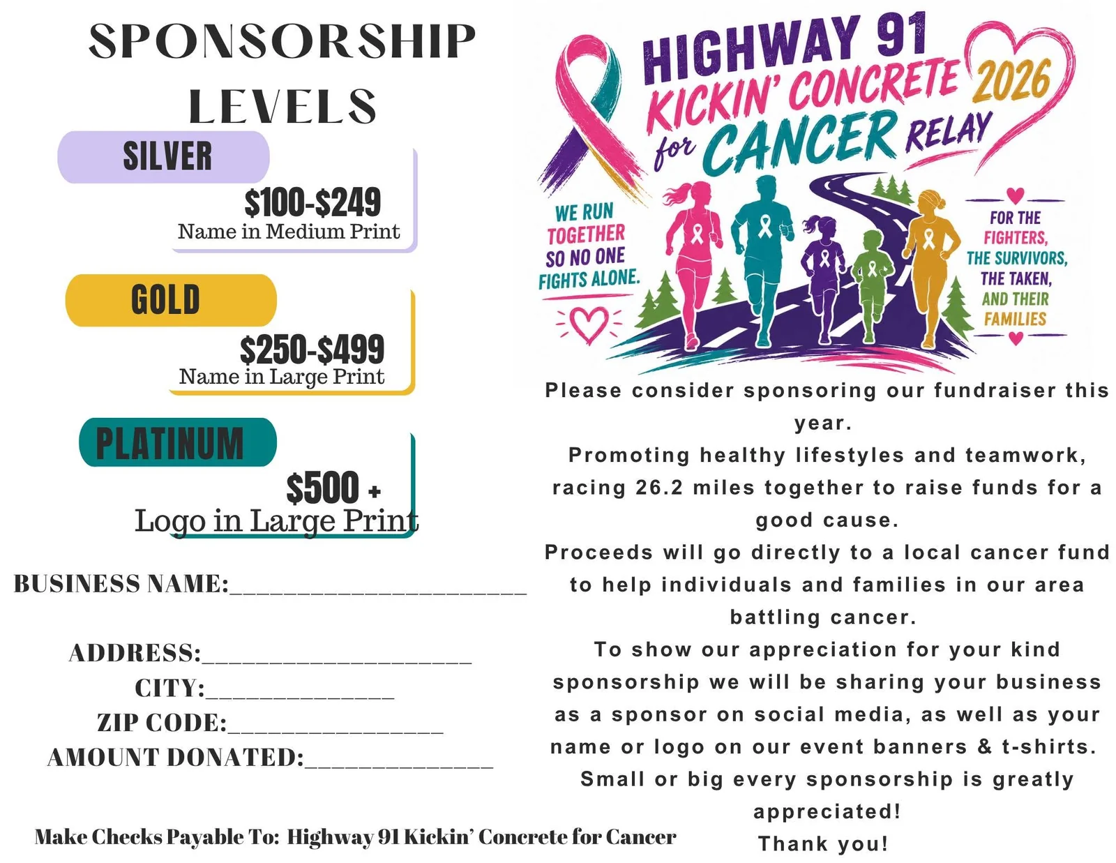 2026 Highway 91 sponsorship levels and sponsor form